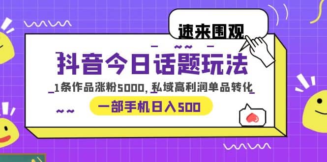 抖音今日话题玩法，1条作品涨粉5000，私域高利润单品转化 一部手机日入500-淘金创客