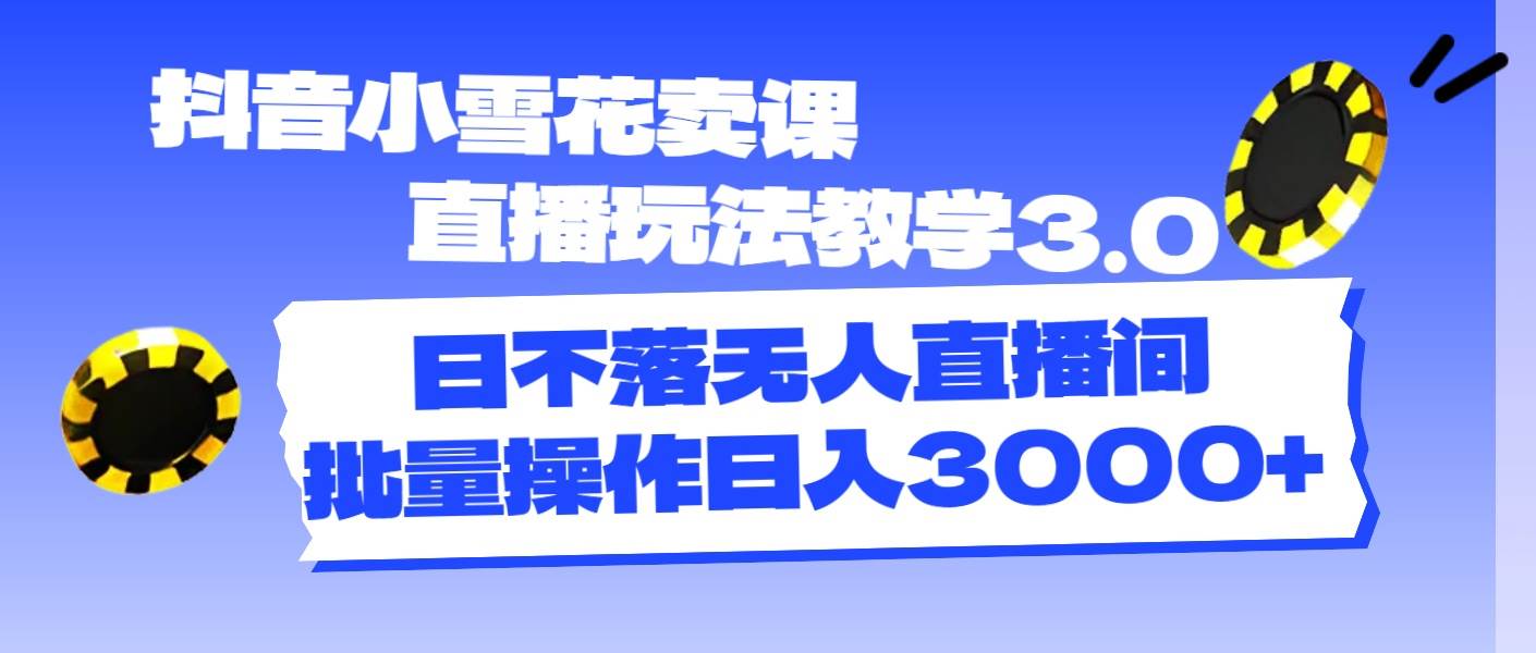 抖音小雪花卖课直播玩法教学3.0，日不落无人直播间，批量操作日入3000+-淘金创客