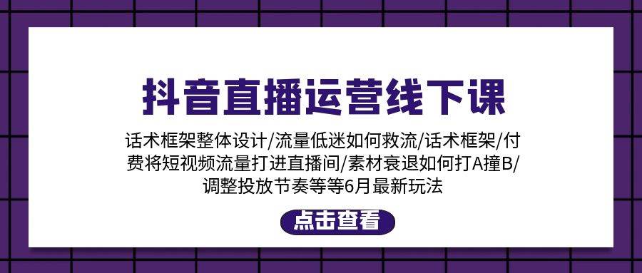 抖音直播运营线下课：话术框架/付费流量直播间/素材A撞B/等6月新玩法-淘金创客