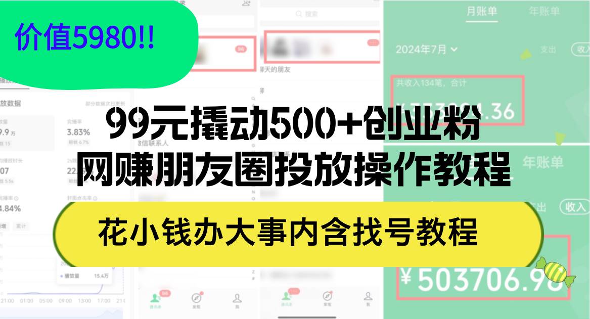 99元撬动500+创业粉，网赚朋友圈投放操作教程价值5980！花小钱办大事内…-淘金创客