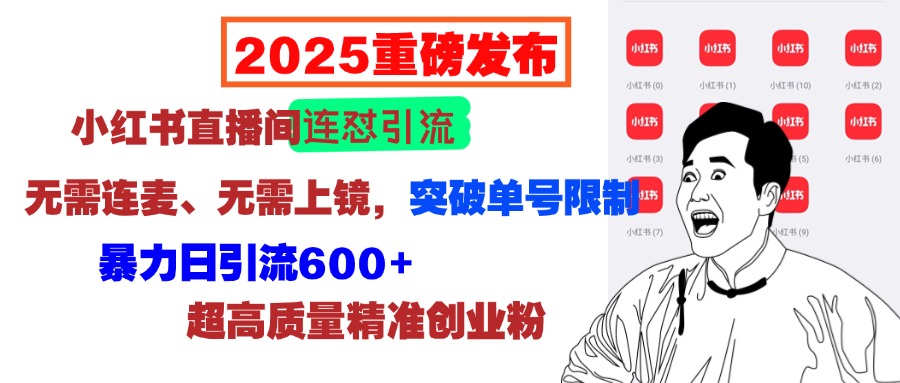 2025重磅发布：小红书直播间连怼引流，无需连麦、无需上镜，突破单号限制，暴力日引流600+超高质量精准创业粉-淘金创客