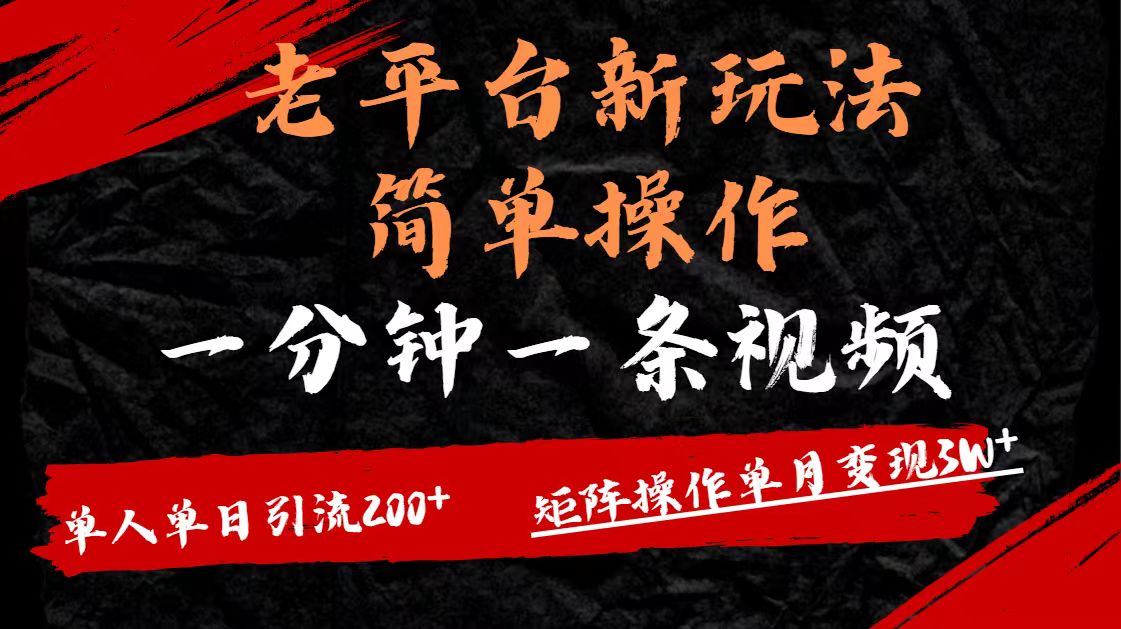 老平台，新玩法，简单操作，一分钟一条视频，单人单人引流200+矩阵操作，单月变现3W-淘金创客