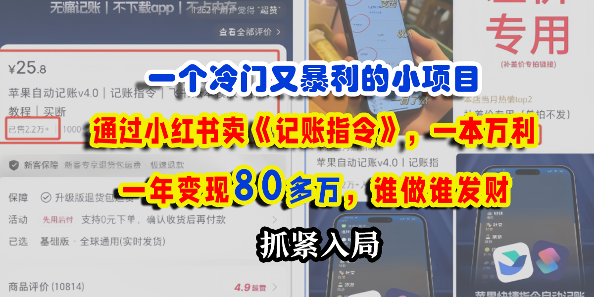 一个冷门又暴利的小项目，通过小红书卖《记账指令》，一本万利，一年变现80多万，谁做谁发财-淘金创客