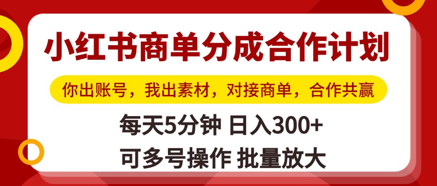 小红书商单分成合作计划，你出账号，我出素材，对接商单，合作共赢，单号日入300+，可批量放大-淘金创客