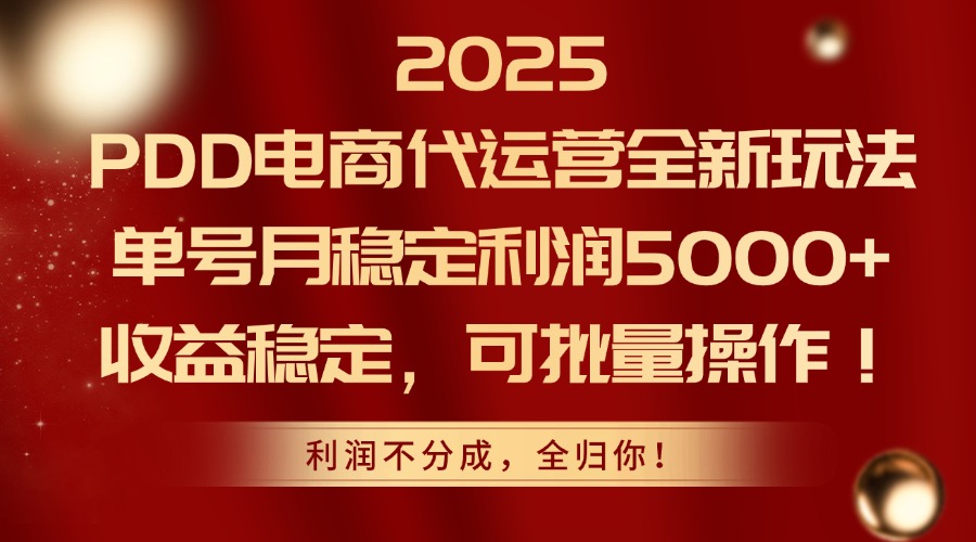 2025 PDD电商代运营全新玩法，单号月稳定利润5000+，收益稳定，可批量操作！-淘金创客