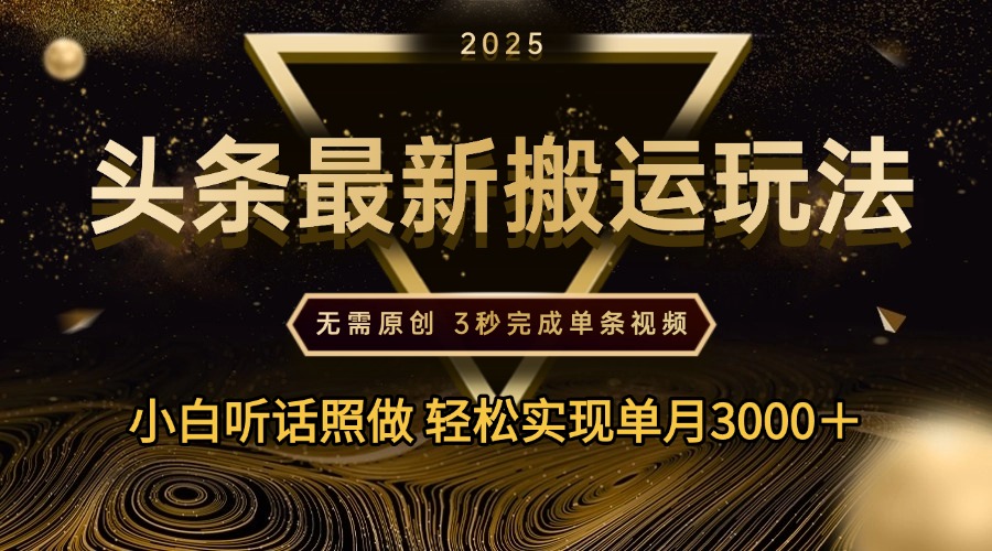 2025年今日头条最新搬运玩法，无需原创3秒完成视频轻松实现单月3000＋-淘金创客