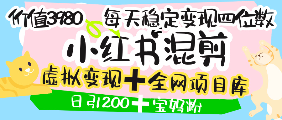 价值3980的小红书混剪， 虚拟变现 ＋全网项目库 ， 日引200+宝妈创业粉，每天稳定四位数变现-淘金创客